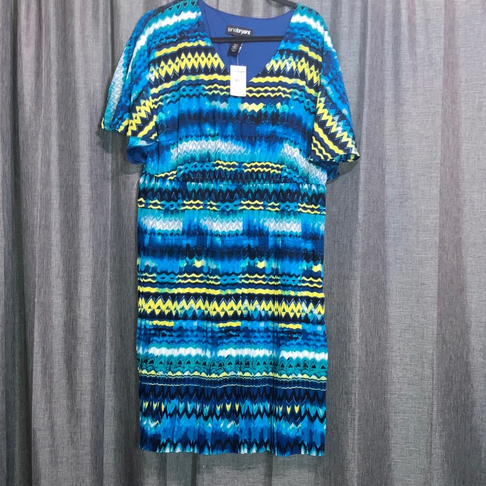 Lane Bryant Blue and Yellow Patterned Midi Dress
